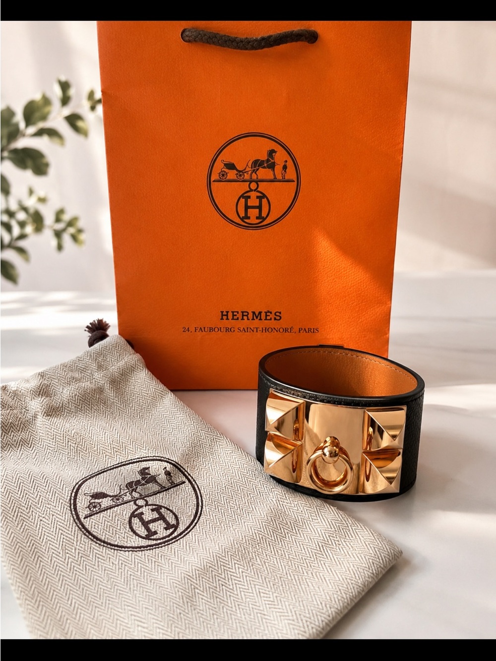 Hermès Collier de Chien Wide Leather Cuff in Black with Rose gold hardware